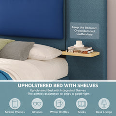 King Size Upholstered Platform Bed with Panel, Platform Bed Frame with Anti-Collision Soft Rounded Corners, Stable and Solid, No Box Spring Needed, Easy Assembly, Blue
