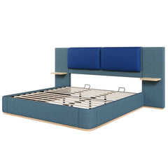 King Size Upholstered Platform Bed with Panel, Platform Bed Frame with Anti-Collision Soft Rounded Corners, Stable and Solid, No Box Spring Needed, Easy Assembly, Blue