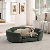OVERSIZED Size Oval Semi-Enclosed Dog Sofa - Durable Linen Material, Button-Tufted Backrest, High-Center Low-Sides Support & Plush Comfort-Olive Green