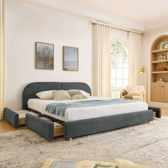 King Size Upholstered Bed Frame Modern Minimalist Style - Circle Yarn Fabric, Tall Curved Headboard, Sturdy Leg Support & Wheeled Drawer Storage, Mattress Not Included - Dark Gray