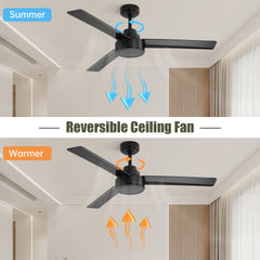52" Ceiling Fan Without Light, 3 ABS Blades Farmhouse Ceiling Fan with Remote Control 6-speed Reversible DC Motor Black for Living Room, Bedroom, Kitchen