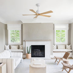 52 Inch Matte White Ceiling Fan (No Light) with Natural Solid Wood Blades - Reversible DC Motor for Bedroom & Living room