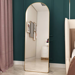 The 4st generation of floor mounted full length mirrors. Aluminum alloy metal frame arched wall mirror, bathroom makeup mirror, bedroom porch, clothing store.Gold Frame.64.9 "* 23.2"