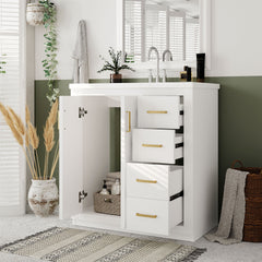 30'' Bathroom Vanity with Ceramic Sink Combo, Solid Wood Frame Bathroom Storage Cabinet, Freestanding Vanity Set with 3 Drawers& Soft Closing Doors