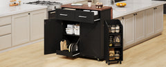 K&K 47.2" Farmhouse Kitchen Island with Drop Leaf, Kitchen Storage Island with Removable Side Racks, Two Drawers, Rolling Kitchen Cart on Wheels with Towel Rack, for Home, Kitchen, Dining Room, Black
