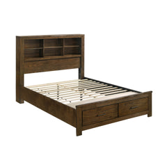 Queen Platform Bed with Drawers Storage Headboard Bookcase Wooden Bedroom Furniture 1pc Wire Brushed Oak Finish