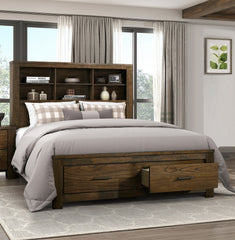 Queen Platform Bed with Drawers Storage Headboard Bookcase Wooden Bedroom Furniture 1pc Wire Brushed Oak Finish