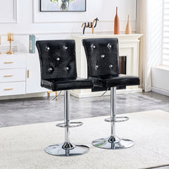 A set of 2 black vintage crocodile leather lift bar chairs, featuring crystal clasp design and synthetic leather design, adding a touch of elegance and mystery to the dining area