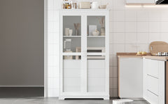 TOPMAX 44.7x20x75inch Kitchen Pantry, Freestanding Kitchen Storage Cabinet Display Cabinet with Glass Doors and 4 Built-in Drawers for Living Room, Home Office, White