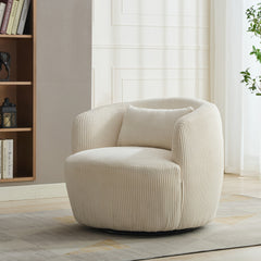 34.25 "Wide Upholstered Corduroy 360° Swivel Barrel Soft Accent Chair with Pillow, Circular Reading Armchair for Club, Living Room, Bedroom, Office, Lounge, Ivory.
