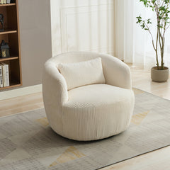 34.25 "Wide Upholstered Corduroy 360° Swivel Barrel Soft Accent Chair with Pillow, Circular Reading Armchair for Club, Living Room, Bedroom, Office, Lounge, Ivory.