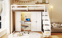 Full Size Loft Bed with Storage Staircase,Built-In Dressing Table with Mirror and Drawer, Wardrobe & Cabinets, USB Charging Ports and Lights, White+Brown