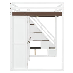 Full Size Loft Bed with Storage Staircase,Built-In Dressing Table with Mirror and Drawer, Wardrobe & Cabinets, USB Charging Ports and Lights, White+Brown