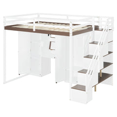Full Size Loft Bed with Storage Staircase,Built-In Dressing Table with Mirror and Drawer, Wardrobe & Cabinets, USB Charging Ports and Lights, White+Brown