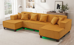 Modern U-Shaped Sectional Sofa 130" Sectional Sofa Upholstered Sofa with RGB LED Light Strip and 6 Pillows for Living Room, Orange