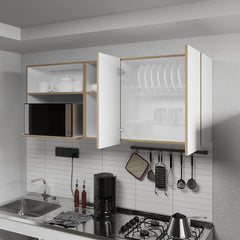 Natural Oak and White Kitchen Cabinet with Microwave Space and Open Shelf