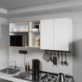 Natural Oak and White Kitchen Cabinet with Microwave Space and Open Shelf