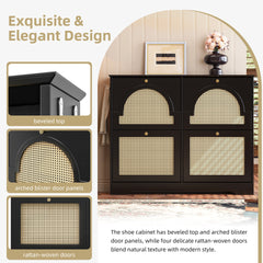 Mid-Century Narrow Design Tipping Bucket Shoe Cabinet with 4 Flip Drawers, Elegant Entryway Shoe Organizer with 4 Rattan Doors, Freestanding Shoe Rack with 2 Silvery Hooks for Hallway, Black, 42.1"W