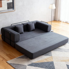 Convertible Sleeper Sofa Bed with Cylindrical Pillow, Corduroy Folding Mattress Couch with Fixed-Shape Frame, Floor Sofa Lounge Couch for Living Room Bedroom Lounge Studio (Grey)
