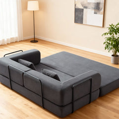 Convertible Sleeper Sofa Bed with Cylindrical Pillow, Corduroy Folding Mattress Couch with Fixed-Shape Frame, Floor Sofa Lounge Couch for Living Room Bedroom Lounge Studio (Grey)