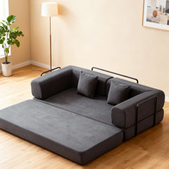 Convertible Sleeper Sofa Bed with Cylindrical Pillow, Corduroy Folding Mattress Couch with Fixed-Shape Frame, Floor Sofa Lounge Couch for Living Room Bedroom Lounge Studio (Grey)