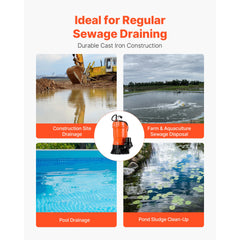 1/2 HP Submersible Trash Pump, 2000 GPH, 120V Cast Iron Submersible Sump Sewage Pump with 2 in Discharge, 39 ft Max Lift, Drain Dirty Clean Water, for Pools, Garden, Pond, Basement, Flooded Area