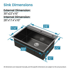 Stainless Steel Kitchen Sink, 30″x22″ Single Bowl, Overmount Handmade Sink in Black, with Cutting Board, Colander