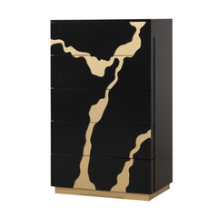 Contemporary Style 1pc Chest 5-English Dovetail Drawers Gold Painted Pattern Ball Bearing Glides Black And Gold Finish