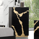 Contemporary Style 1pc Chest 5-English Dovetail Drawers Gold Painted Pattern Ball Bearing Glides Black And Gold Finish