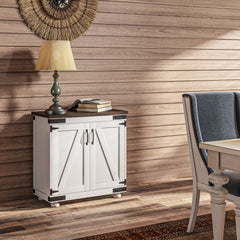 HOMCOM Modern Farmhouse Sideboard, Buffet Cabinet with Barn Style Door and Adjustable Shelf, Kitchen Storage Cabinet with Wood Legs, Distressed White and Brown