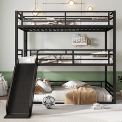 Queen over Queen over Queen Bunk Bed with Slide, Metal Triple Bunk Bed with Safety Guardrails, Heavy-duty Bunk Bed with Noise-reduced Design, Black