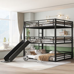 Queen over Queen over Queen Bunk Bed with Slide, Metal Triple Bunk Bed with Safety Guardrails, Heavy-duty Bunk Bed with Noise-reduced Design, Black