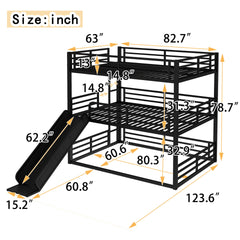 Queen over Queen over Queen Bunk Bed with Slide, Metal Triple Bunk Bed with Safety Guardrails, Heavy-duty Bunk Bed with Noise-reduced Design, Black