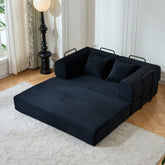 59'' Convertible Sleeper Sofa Bed with Cylindrical Pillow, Corduroy Folding Mattress Couch with Fixed-Shape Frame, Floor Sofa Lounge Couch for Living Room Bedroom (Black)