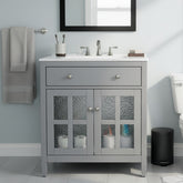 30" Bathroom Vanity with Ceramic Sink, Equipped with Adjustable Shelf and Tip-Out Tray, Bathroom vanity with Solid Wood Legs, Silver Metal Knobs and Soft Close Hinges, Gray