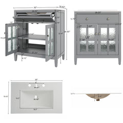 30" Bathroom Vanity with Ceramic Sink, Equipped with Adjustable Shelf and Tip-Out Tray, Bathroom vanity with Solid Wood Legs, Silver Metal Knobs and Soft Close Hinges, Gray