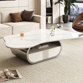 Modern Butterfly Coffee Table with Sintered Stone Top – Oval Center Table with Storage Shelf & Drawer, Stainless Steel Base & MDF Cabinet