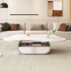 Modern Butterfly Coffee Table with Sintered Stone Top – Oval Center Table with Storage Shelf & Drawer, Stainless Steel Base & MDF Cabinet