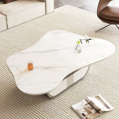 Modern Butterfly Coffee Table with Sintered Stone Top – Oval Center Table with Storage Shelf & Drawer, Stainless Steel Base & MDF Cabinet