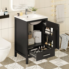 20-Inch Modern Bathroom Vanity with Ceramic Sink, Soft-Close Drawer & Door, Double-Layer Door Organizer, Divider Drawer, Adjustable Foot Pads – Space-Saving Storage Design