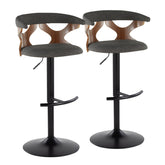 Gardenia Contemporary Adjustable Barstool with Swivel in Black Metal, Walnut Wood and Charcoal Fabric with Rounded T Footrest by LumiSource - Set of 2
