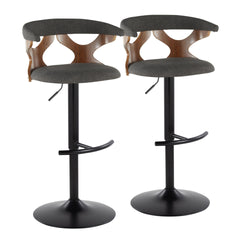 Gardenia Contemporary Adjustable Barstool with Swivel in Black Metal, Walnut Wood and Charcoal Fabric with Rounded T Footrest by LumiSource - Set of 2