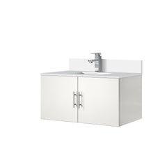 Glossy White Bath Vanity 36 in. W x 22 in. D, White Quartz Top, and Faucet Set