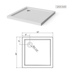 Goodyo 32x32 in Shower Base, Centered Drain No Threshold Shower Pan, White