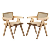 Modern Mid Century Dining Chairs Set of 2, Rattan Accent Chairs, Comfy Armchairs, Outdoor Wood Chairs with Armrest for Bedroom Living Room Reading Room Dining Kitchen, Wood Color