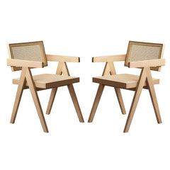 Modern Mid Century Dining Chairs Set of 2, Rattan Accent Chairs, Comfy Armchairs, Outdoor Wood Chairs with Armrest for Bedroom Living Room Reading Room Dining Kitchen, Wood Color