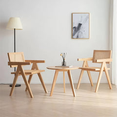 Modern Mid Century Dining Chairs Set of 2, Rattan Accent Chairs, Comfy Armchairs, Outdoor Wood Chairs with Armrest for Bedroom Living Room Reading Room Dining Kitchen, Wood Color