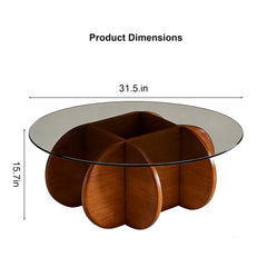 Modern Round Coffee Table for Living Room, 31.5" x 31.5" x 15.7" Mid Century Center Table with Tempered Glass Top and Wood, Walnut