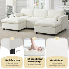 86.5'' U-Shaped Sectional Sofa with Storage Pockets, 2 Movable Ottoman, Armrest Pillows, Free Combination, 5-Seat Modern Cloud Sofa for Living Room&Apartment, Chenille, 3 Colors
