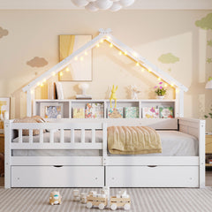 Wood Full Size House Platform Beds with LED, Storage Shelves, Drawers and Guardrail, White